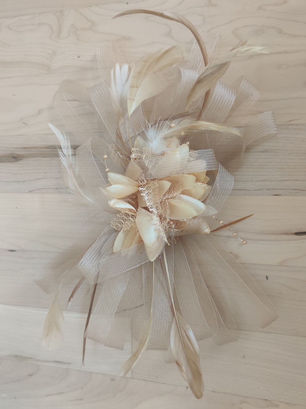Neutral Beige Feather and Tulle Fascinator